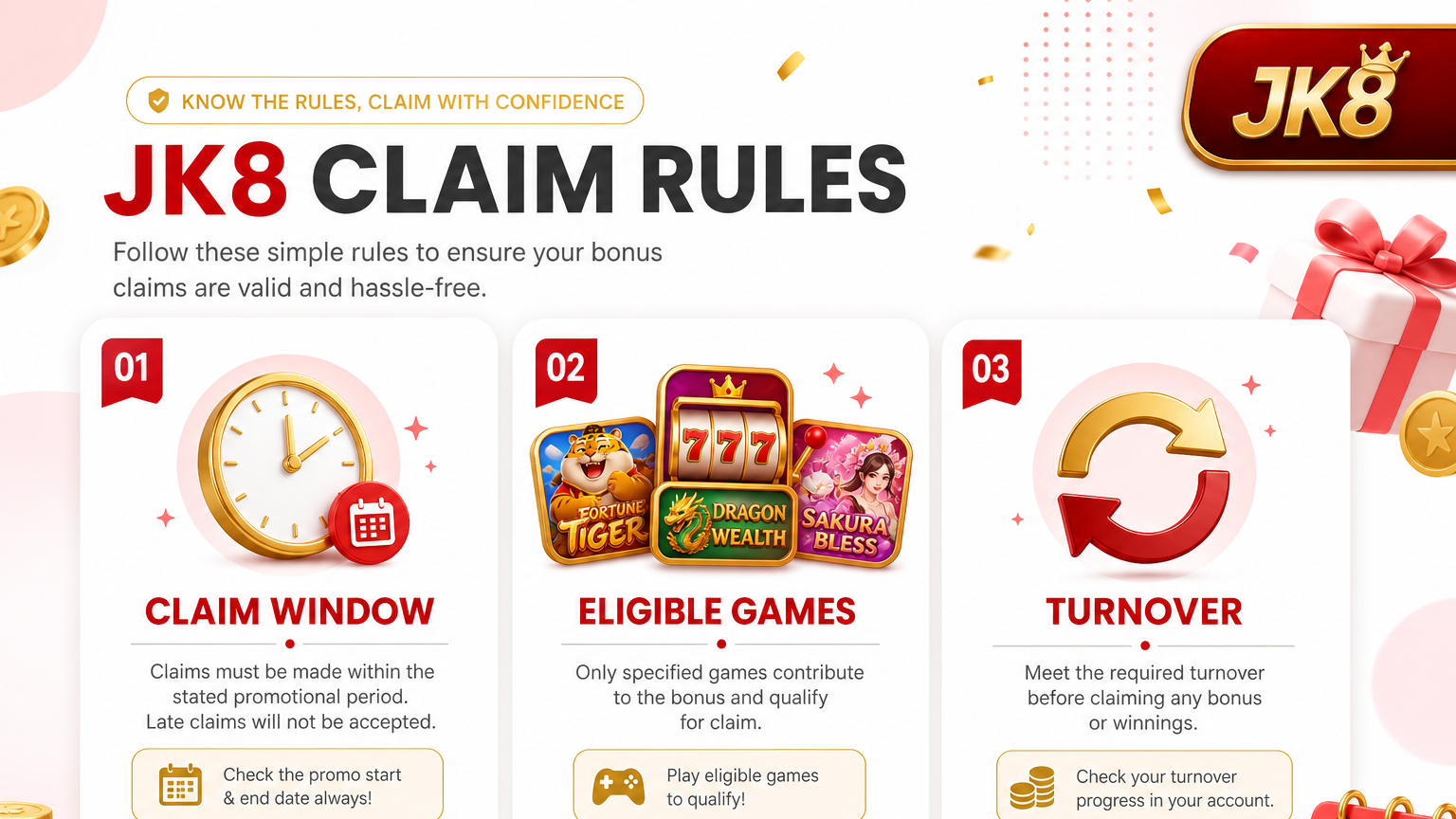 JK8 claim window eligible games and turnover rules